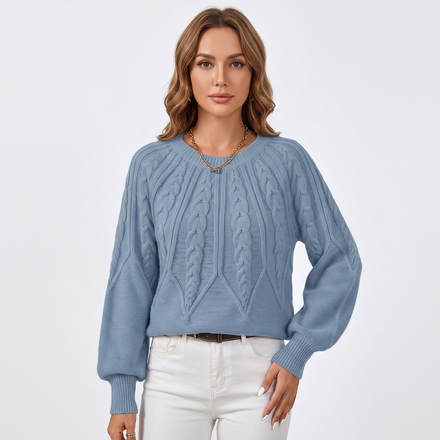 Women's Chunky Cable Knit Sweater Balloon Sleeve Crew Neck Pullover