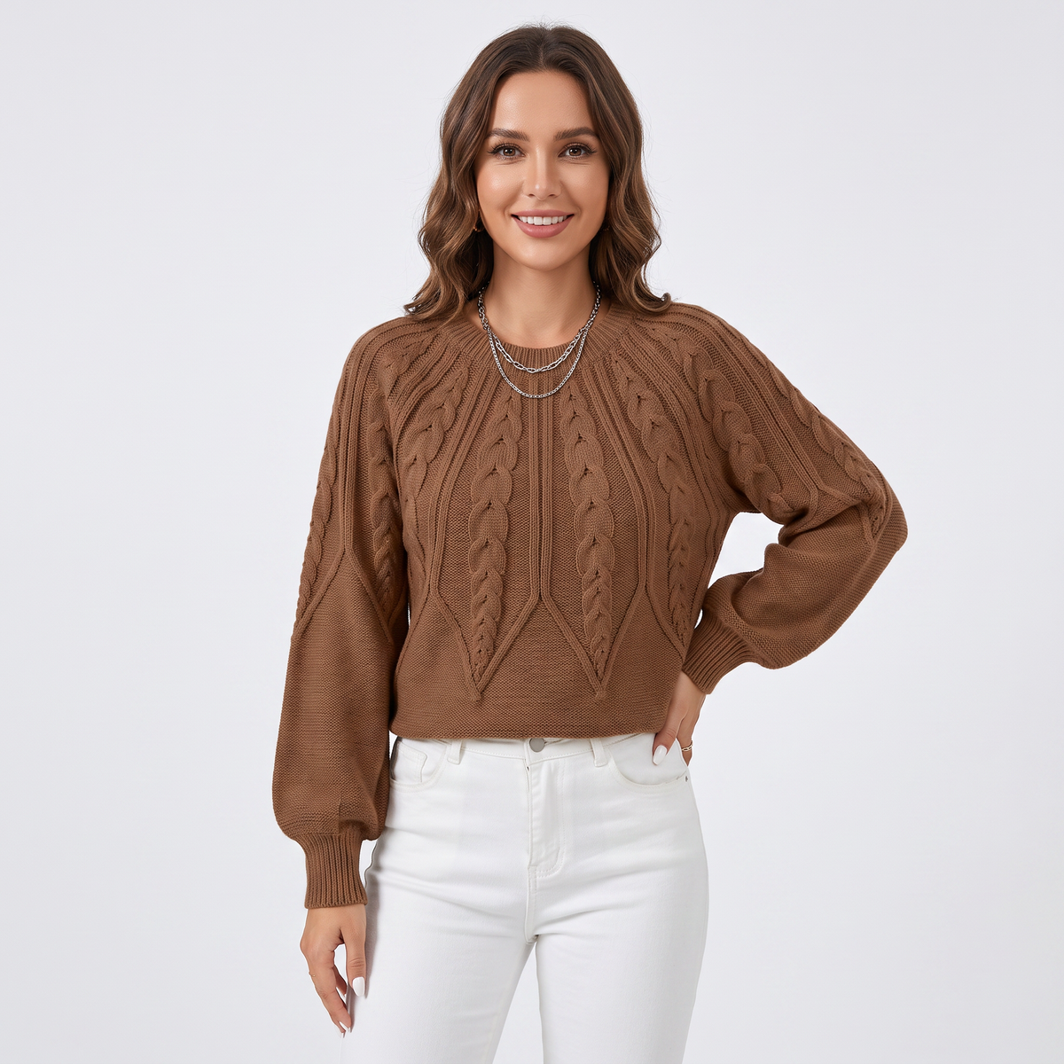 Women's Chunky Cable Knit Sweater Balloon Sleeve Crew Neck Pullover