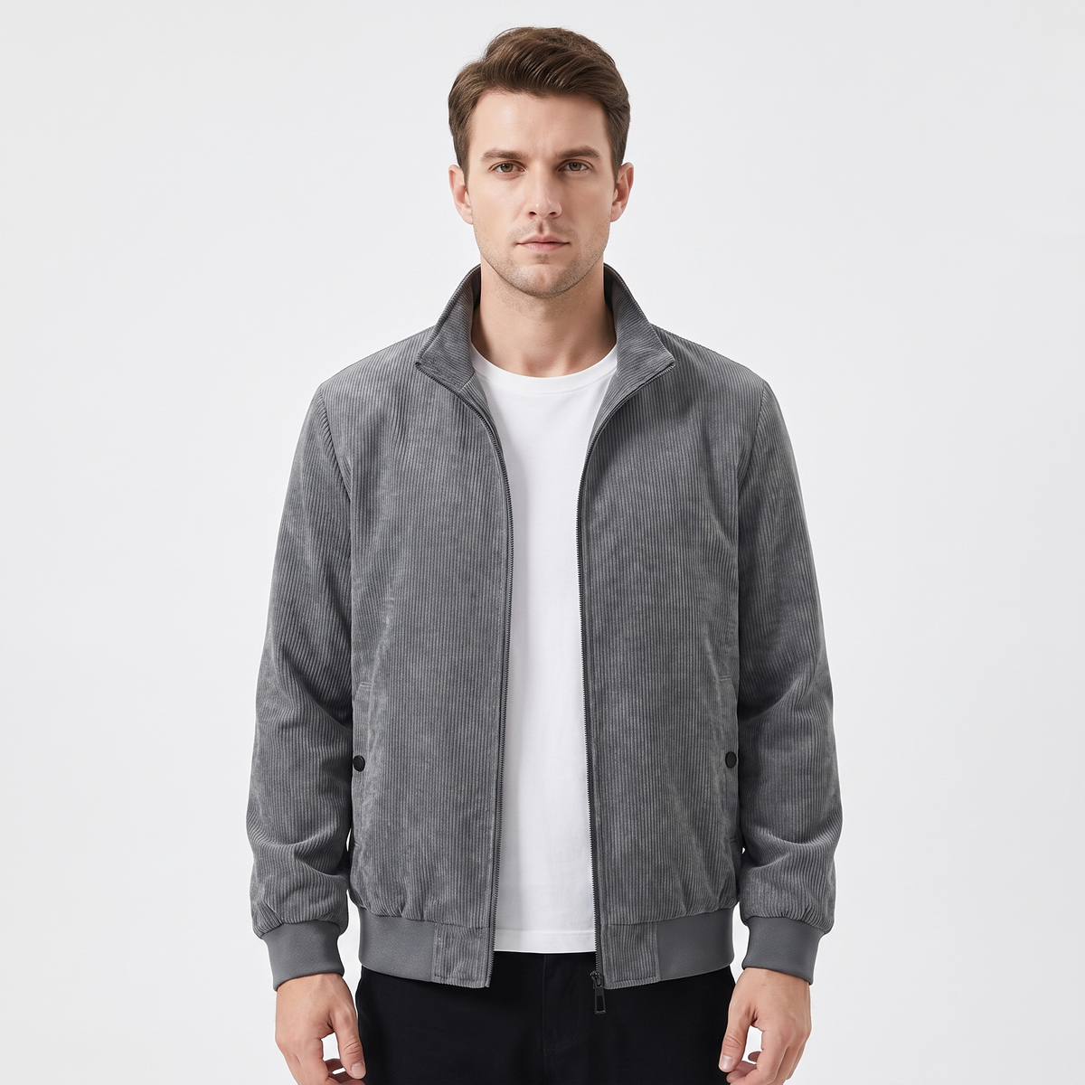 Men's Corduroy Jacket Fleece Lined Stand Collar Winter Coat