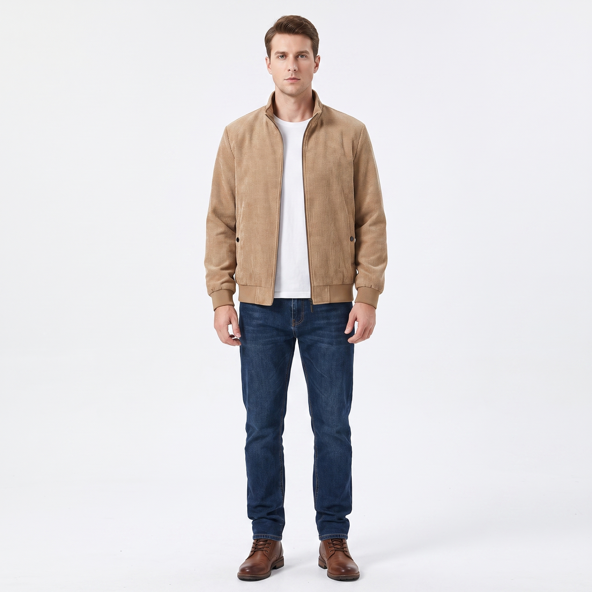 Men's Corduroy Jacket Fleece Lined Stand Collar Winter Coat