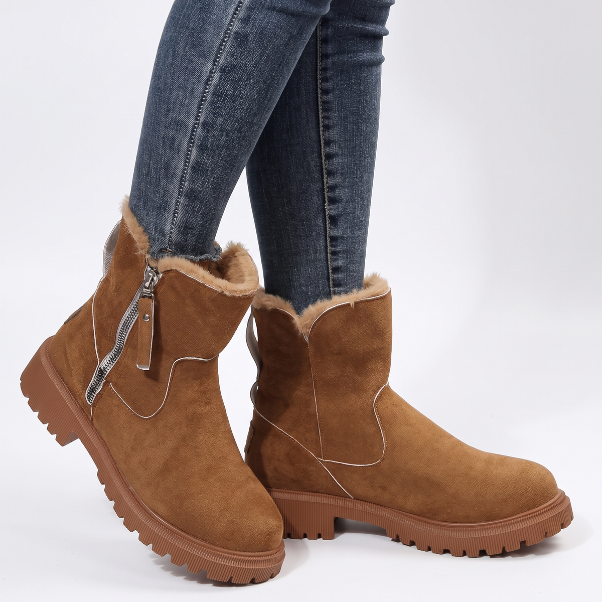 Women's Fur-Trim Ankle Chunky Sole Suede Winter Boots