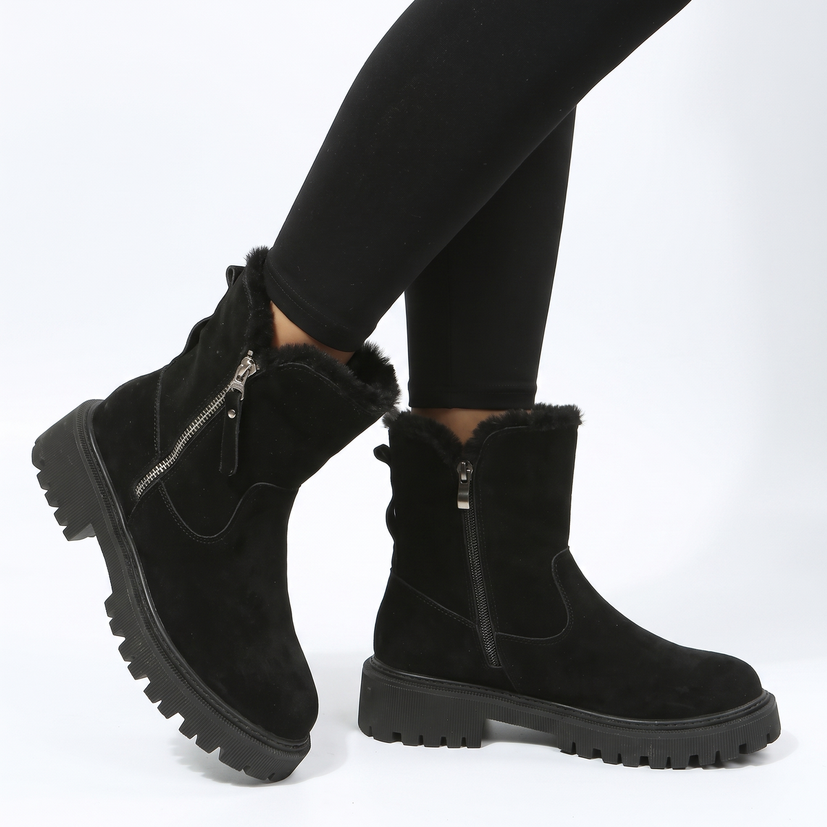 Women's Fur-Trim Ankle Chunky Sole Suede Winter Boots