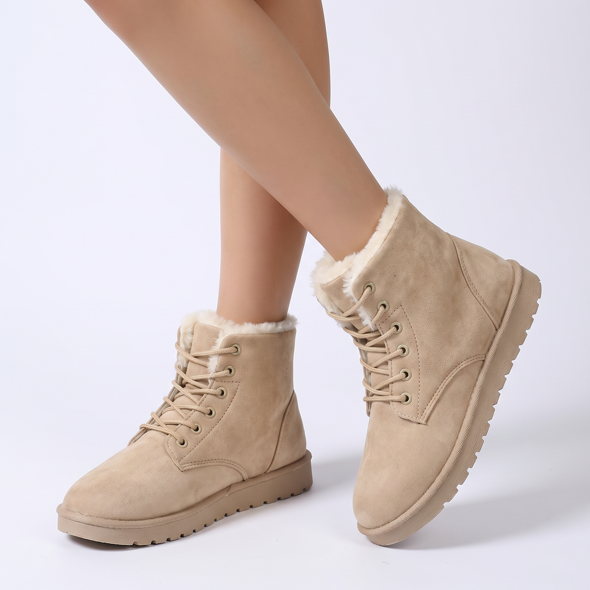 Women's Fur-Lined Snow Boots Lace-Up Flat Winter Ankle Boots