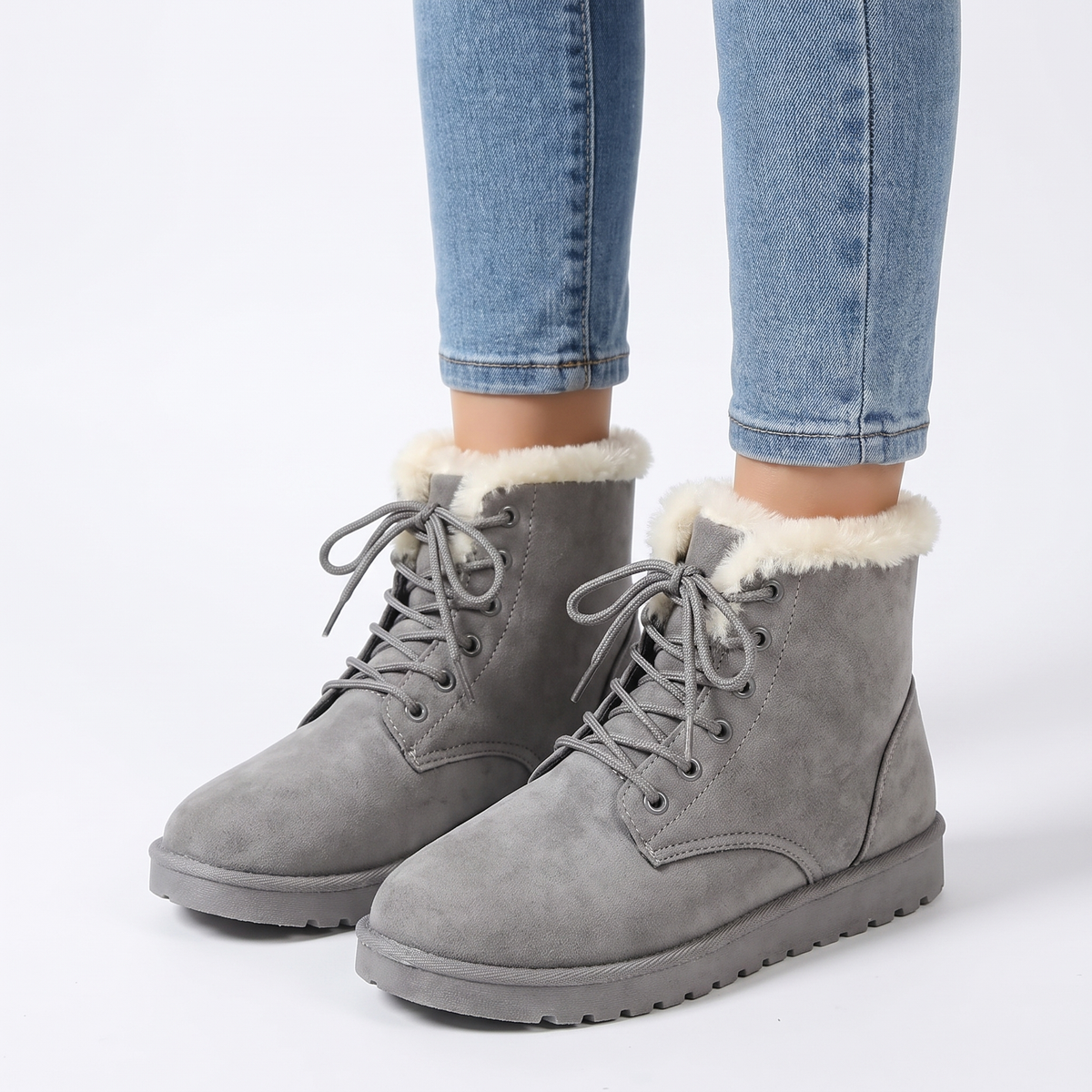 Women's Fur-Lined Snow Boots Lace-Up Flat Winter Ankle Boots