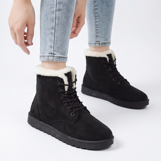 Women's Fur-Lined Snow Boots Lace-Up Flat Winter Ankle Boots
