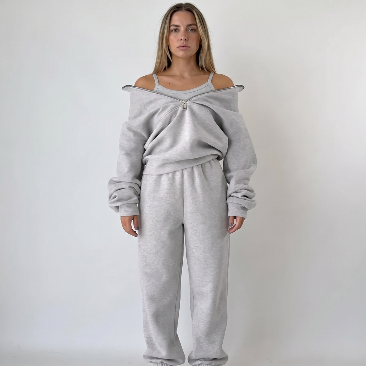 Women's Cropped Zip-Up Sweatshirt and Jogger Winter Set