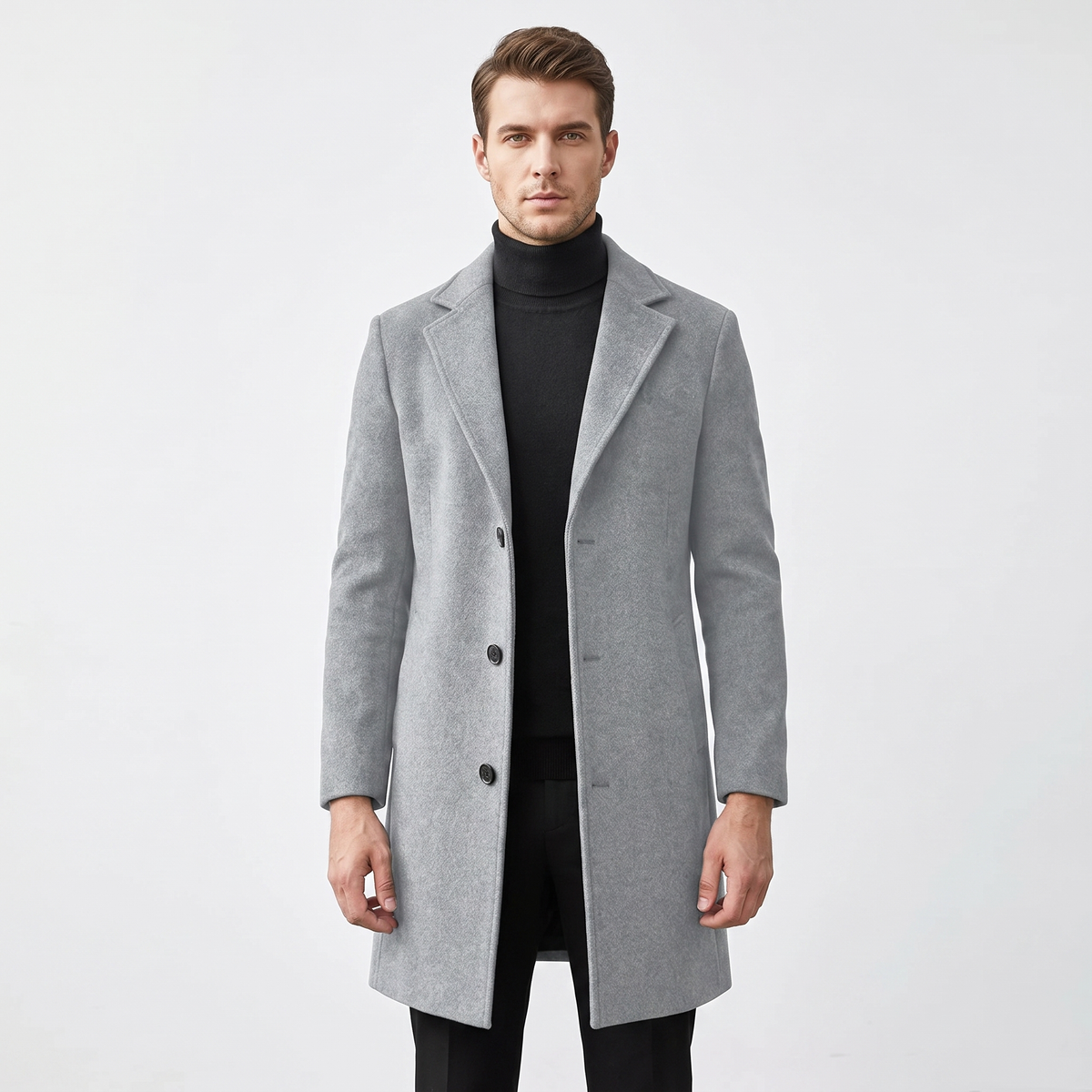 Men's Wool Blend Long Winter Coat Notched Lapel Single-Breasted Overcoat