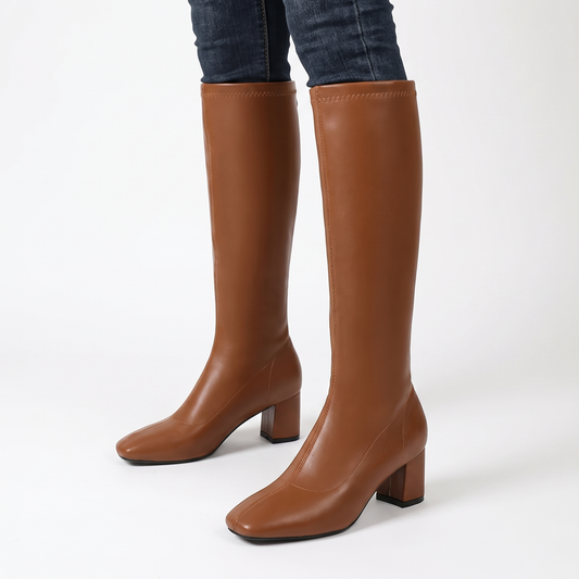 Women's Knee-High Boots Square Toe Block Heel Zip-Up Boots