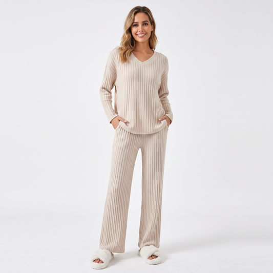 Women's Ribbed Knit Loungewear Set V-Neck Top and Winter Pants