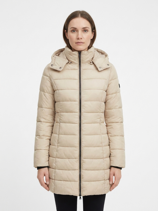Women's Long Puffer Jacket Fitted Waist Hooded Down Winter Coat