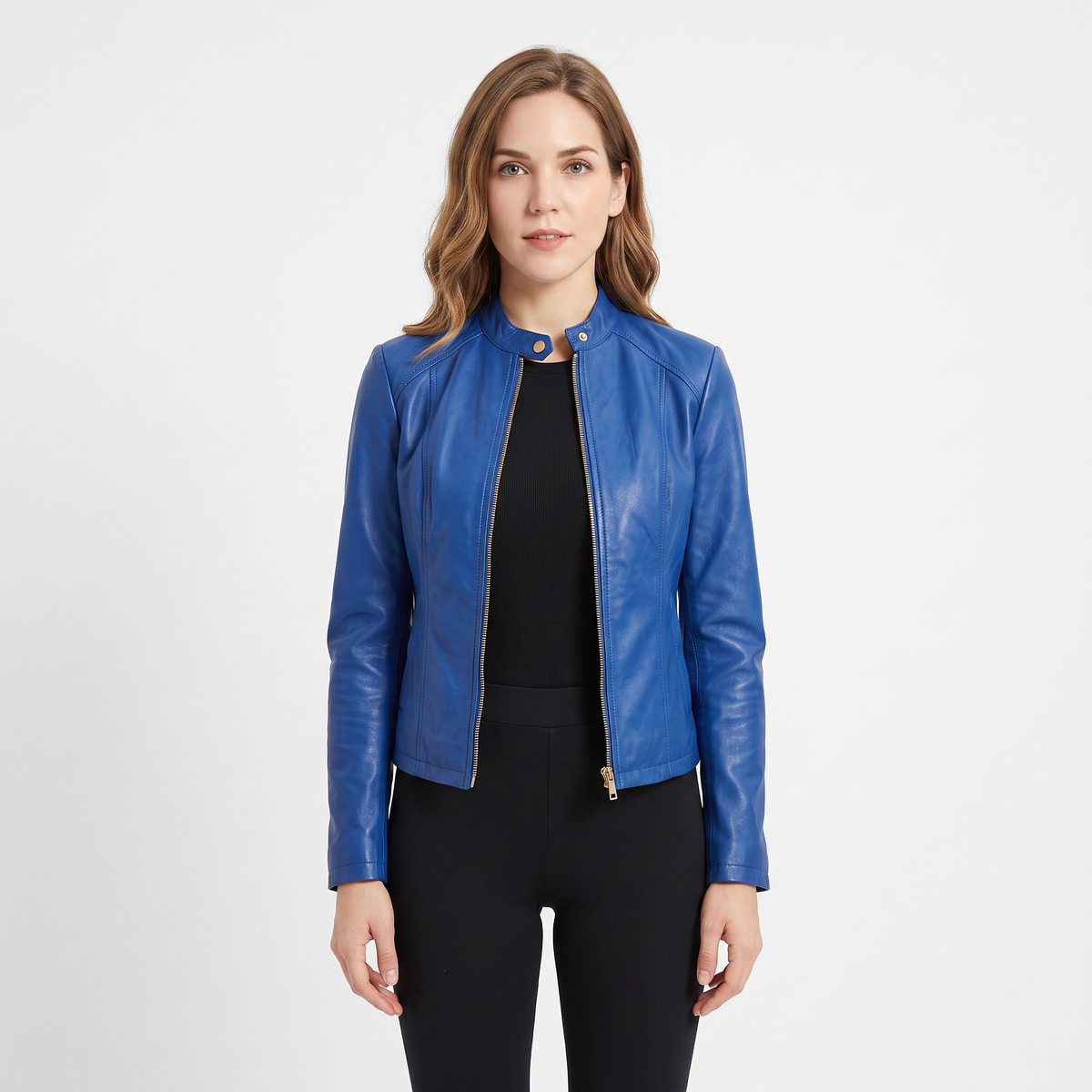Women's Leather Moto Jacket Fitted Zip-Up Biker Jacket