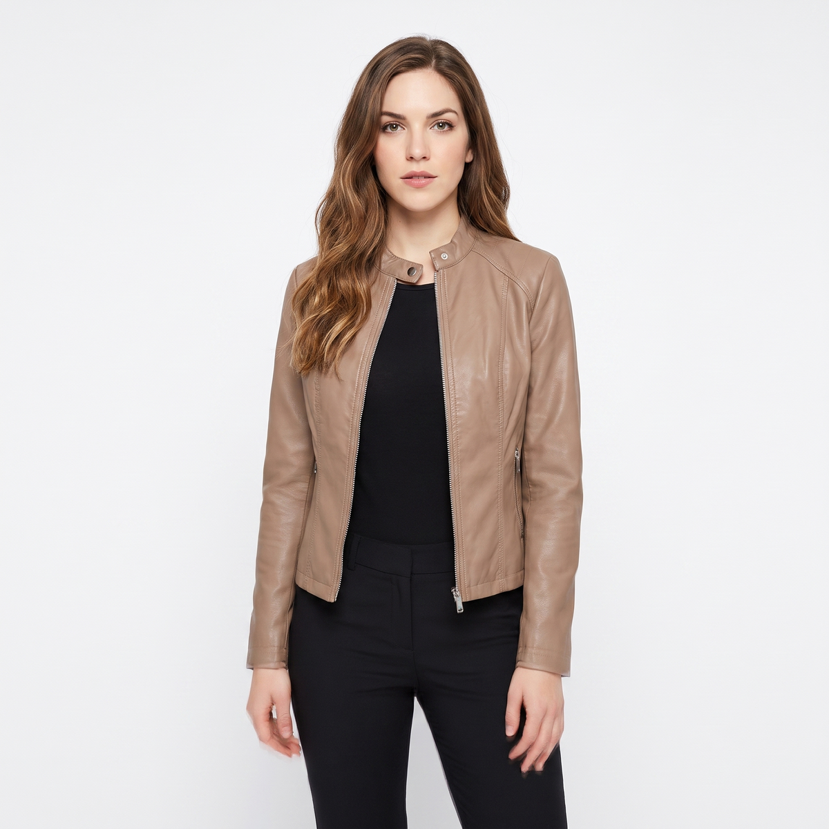 Women's Leather Moto Jacket Fitted Zip-Up Biker Jacket