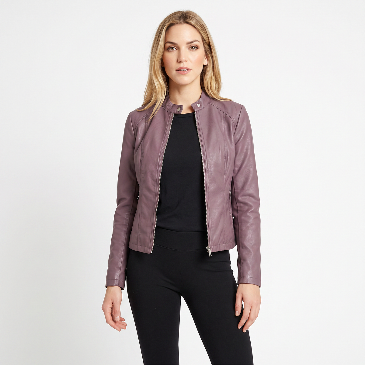 Women's Leather Moto Jacket Fitted Zip-Up Biker Jacket