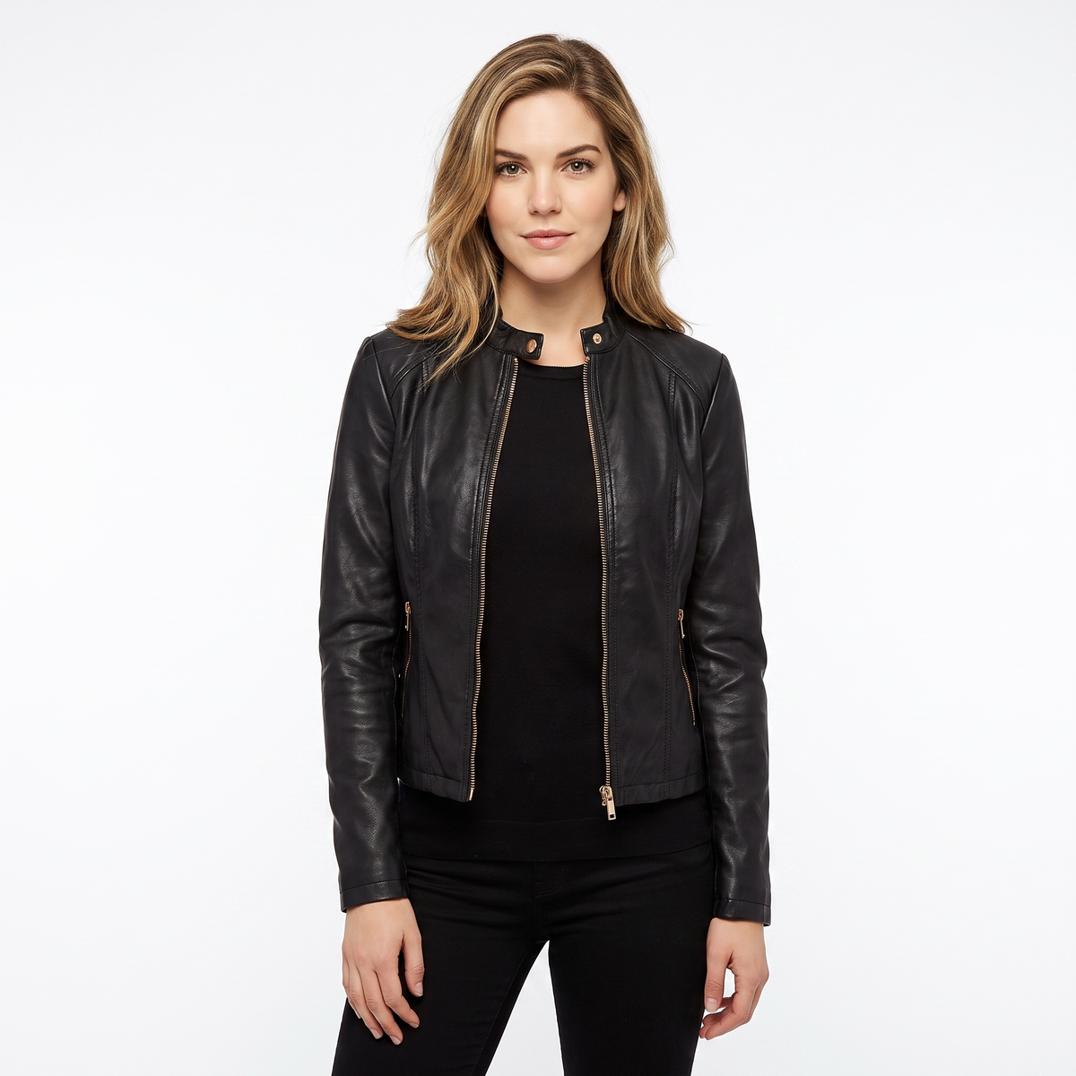 Women's Leather Moto Jacket Fitted Zip-Up Biker Jacket