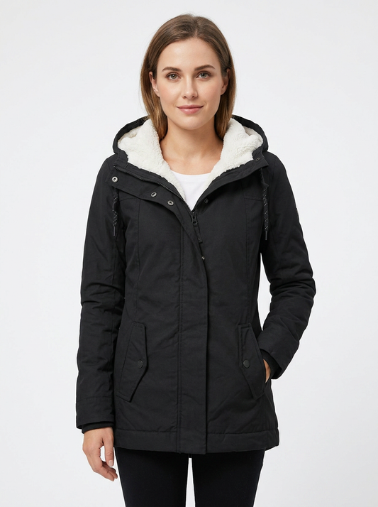 Women's Sherpa Lined Hooded Coat Snap Button Winter Jacket