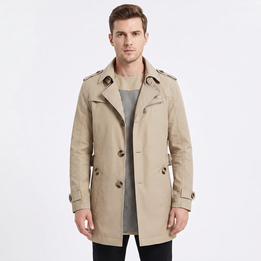 Men's Trench Winter Coat Slim-Fit Notched Lapel Button-Up Overcoat