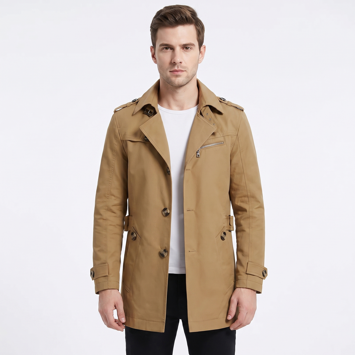 Men's Trench Winter Coat Slim-Fit Notched Lapel Button-Up Overcoat