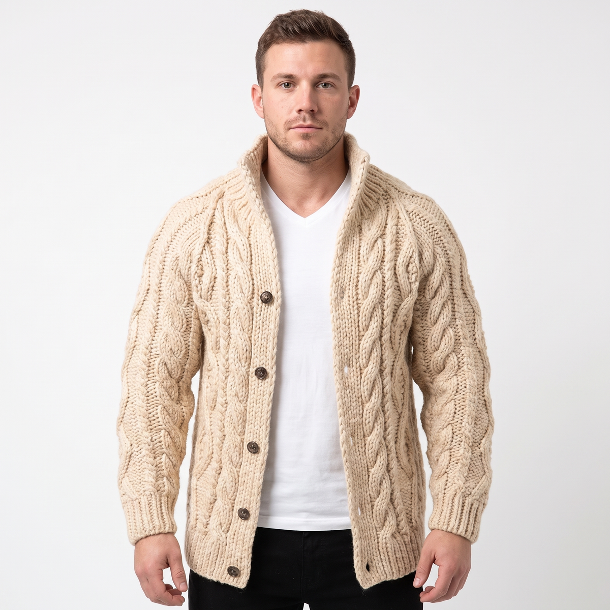Men's Cable Knit Cardigan Chunky Shawl Collar Winter Sweater