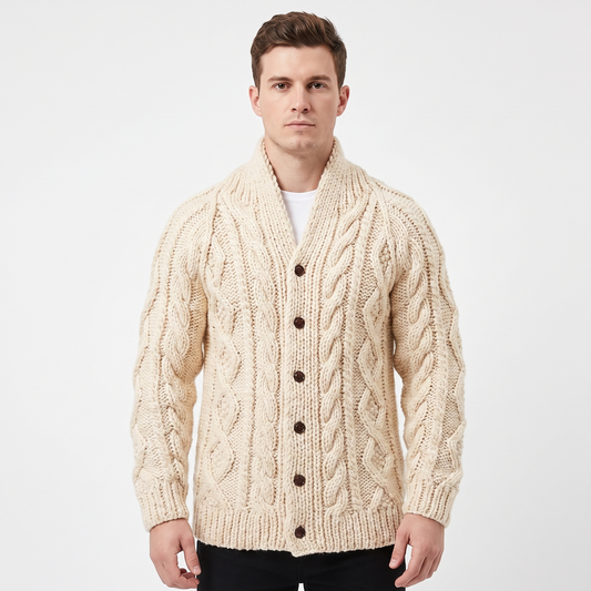 Men's Cable Knit Cardigan Chunky Shawl Collar Winter Sweater