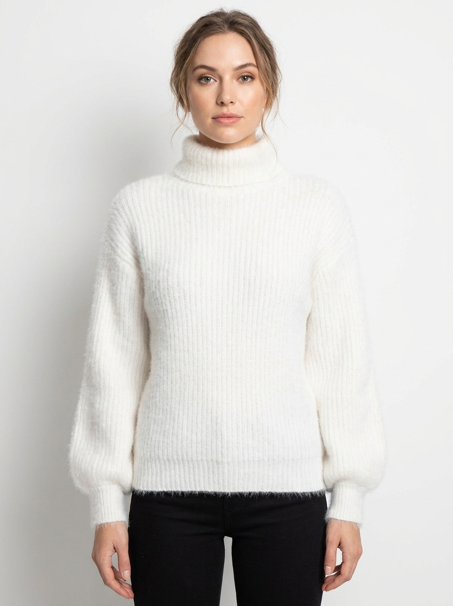 Women's Fuzzy Knit Mock-Neck Winter Sweater Balloon Sleeve Pullover