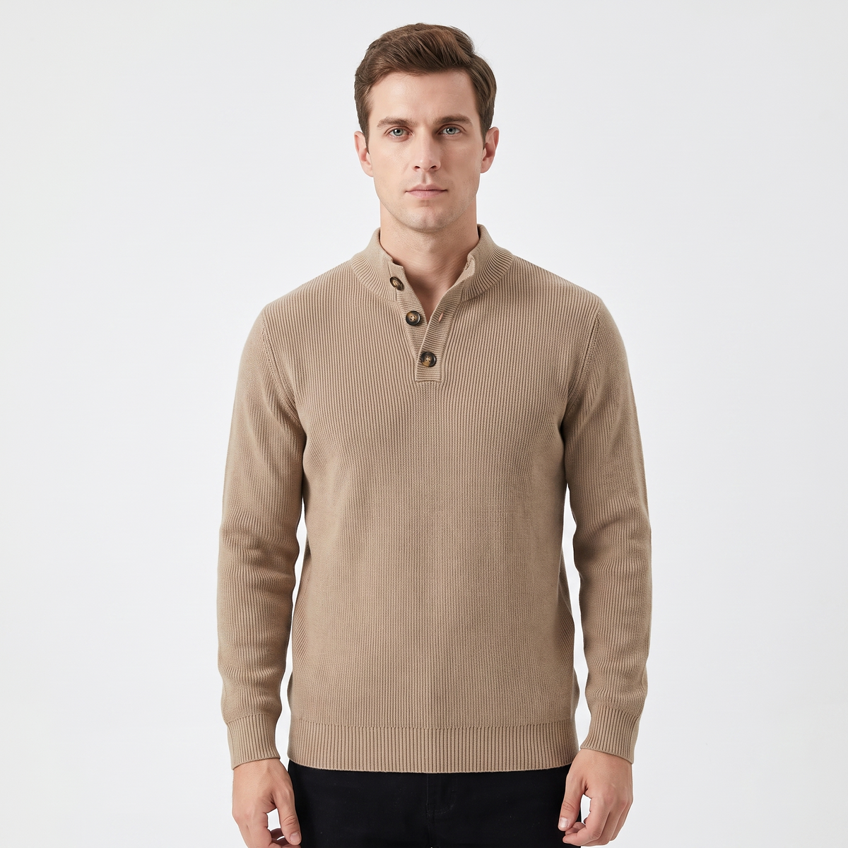 Men's Quarter-Zip Sweater Ribbed Knit Contrast Collar Pullover