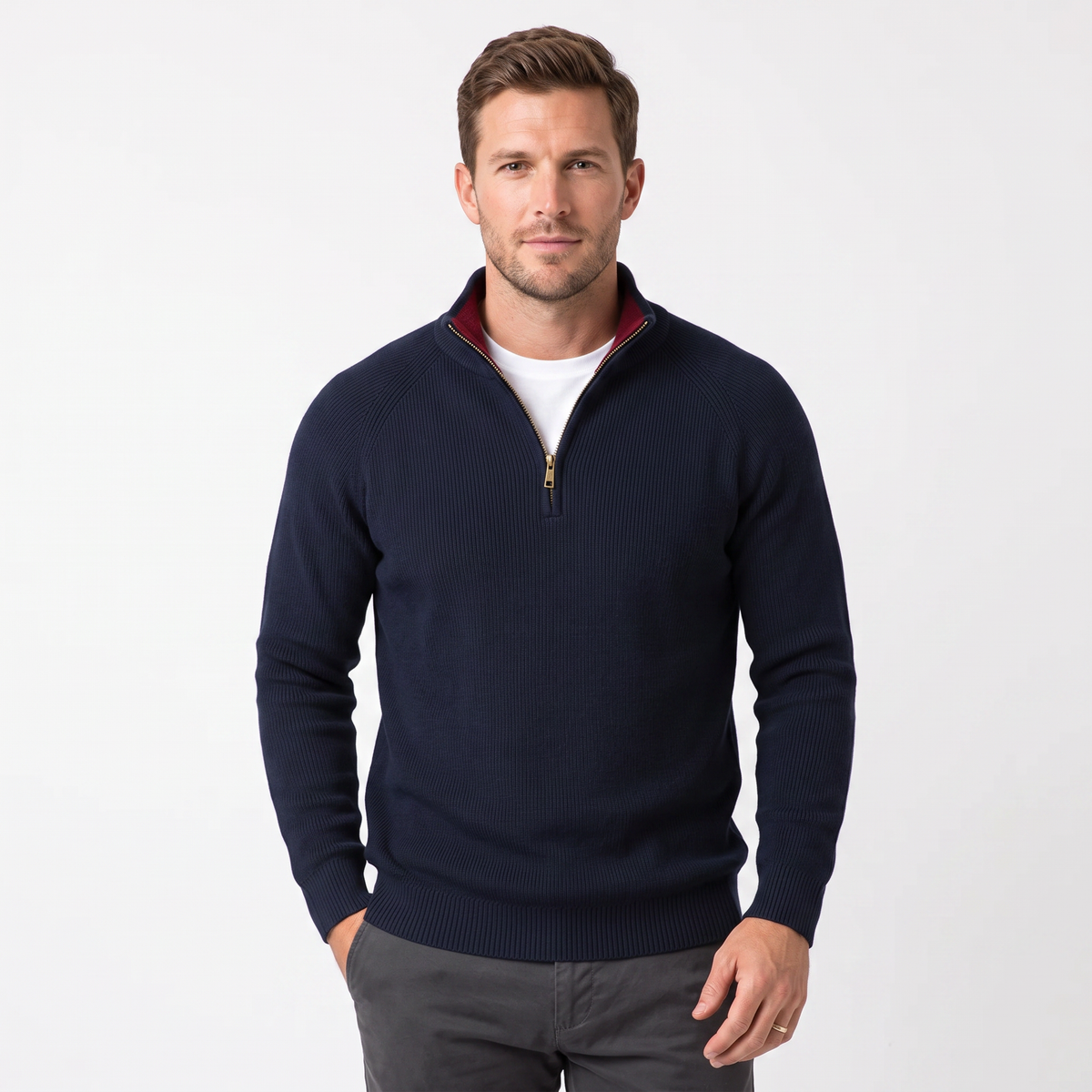 Men's Quarter-Zip Sweater Ribbed Knit Contrast Collar Pullover