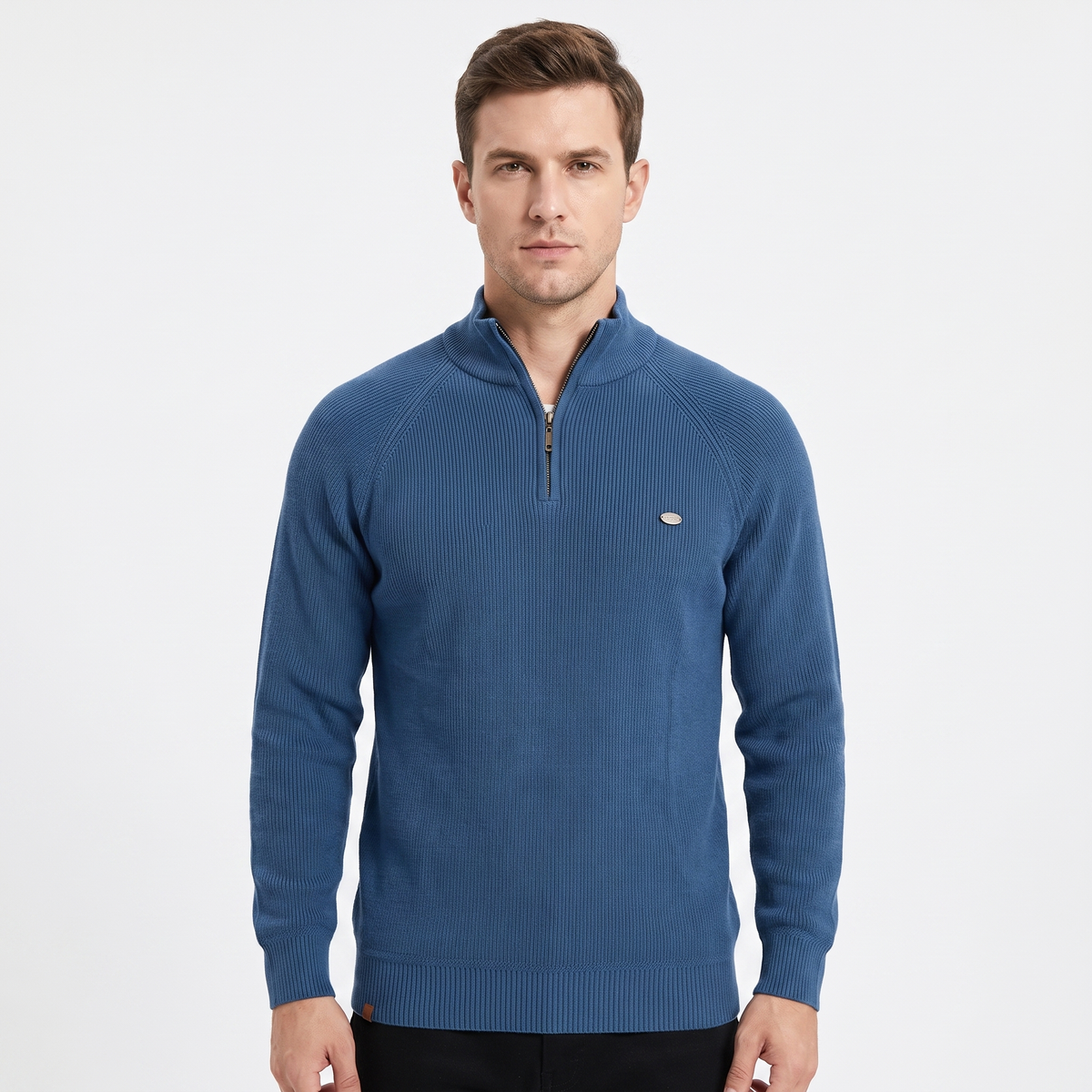 Men's Quarter-Zip Sweater Ribbed Knit Contrast Collar Pullover