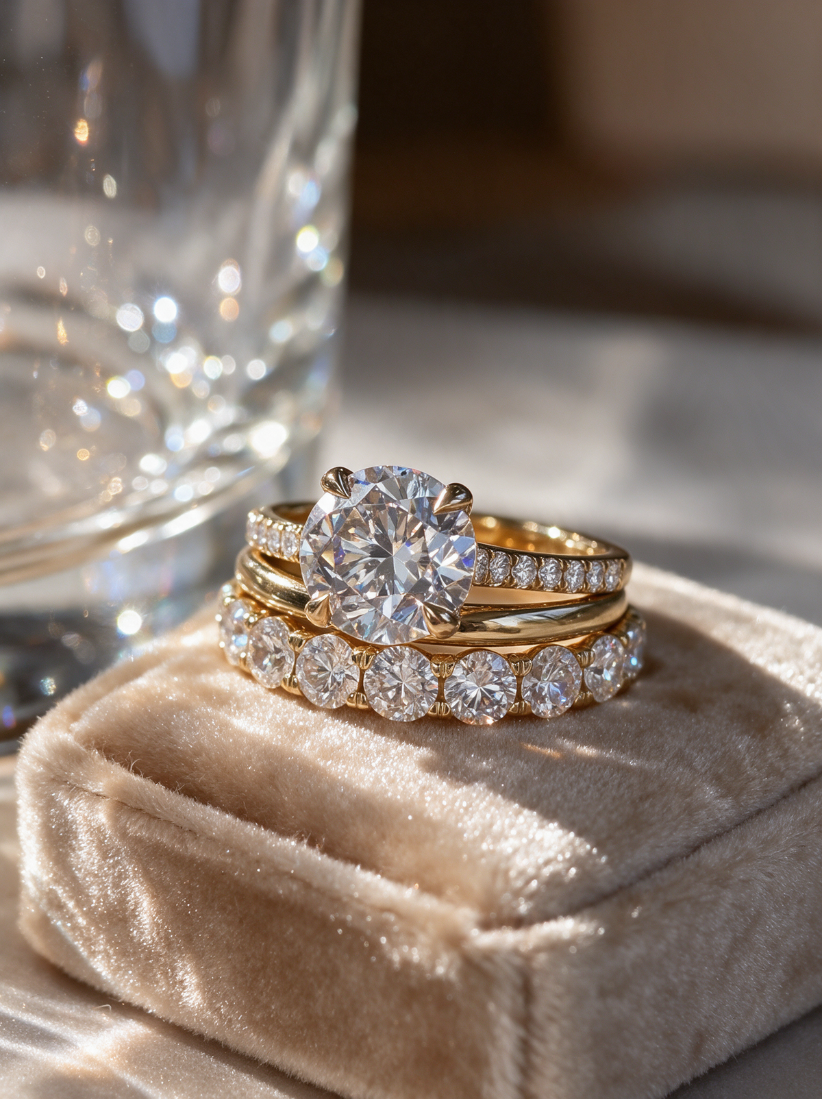 Gold zirconia ring set on a champagne velvet cushion
