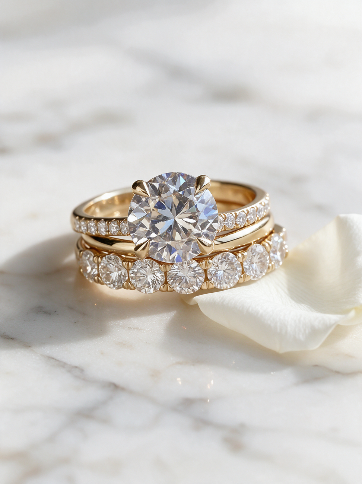 Gold zirconia ring set on pale marble with a white petal