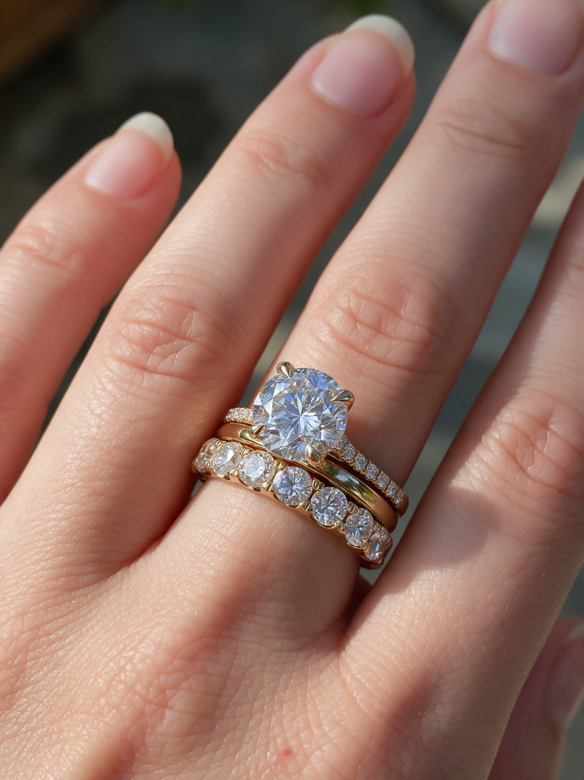 Woman wearing a stack of gold zirconia rings