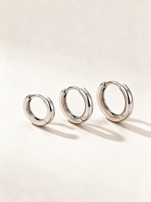 Set of three pairs of silver-tone huggie hoop earrings on a neutral background