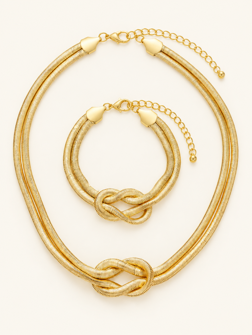 Gold snake chain knot necklace and bracelet set on a neutral background