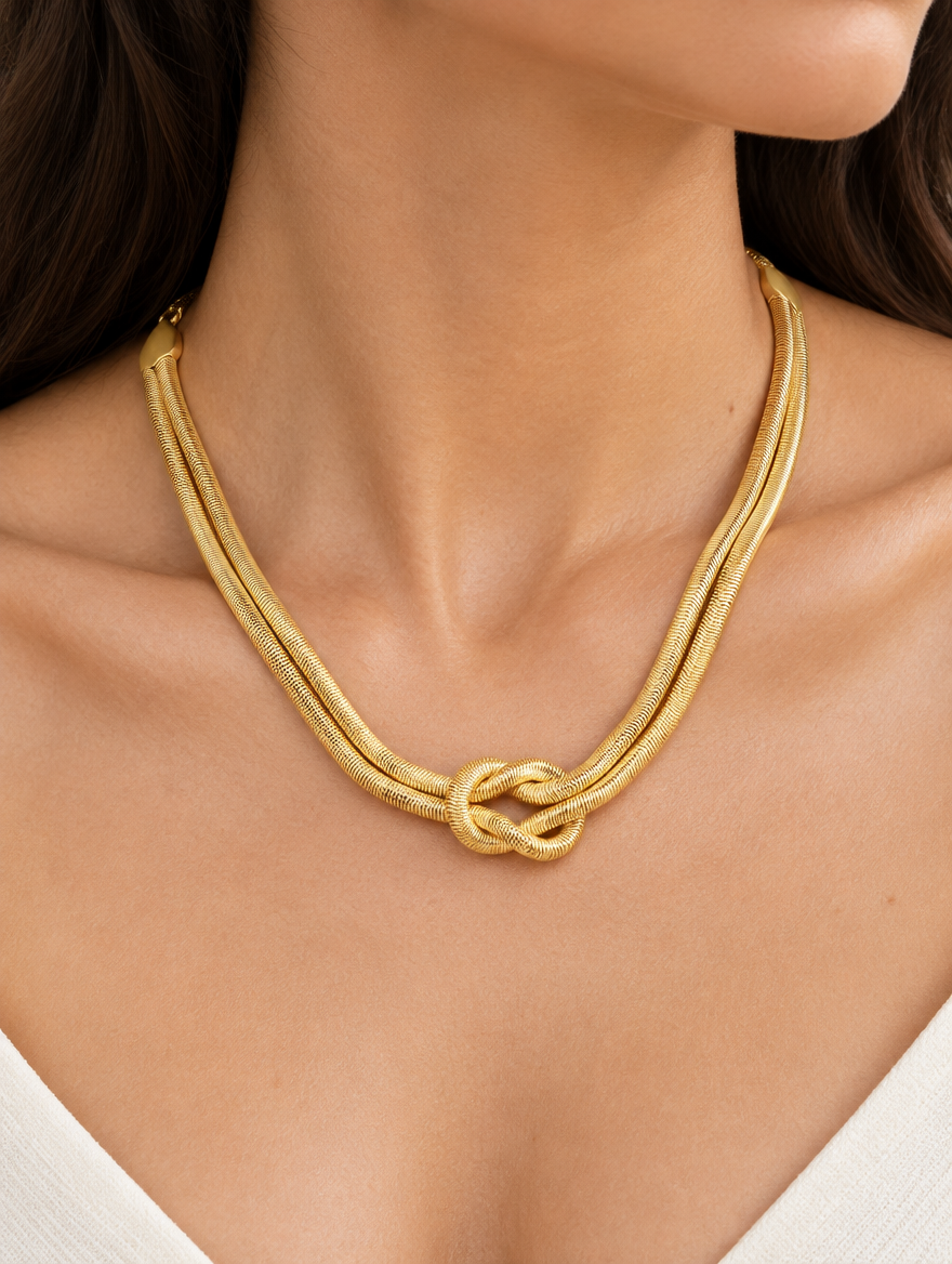 Woman wearing a gold double-layer snake chain knot necklace