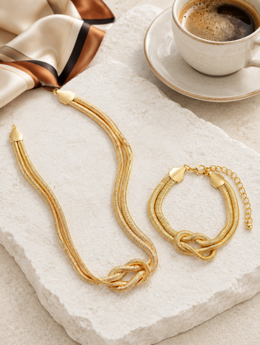 Gold knot necklace and bracelet on a stone slab with a coffee cup and silk scarf