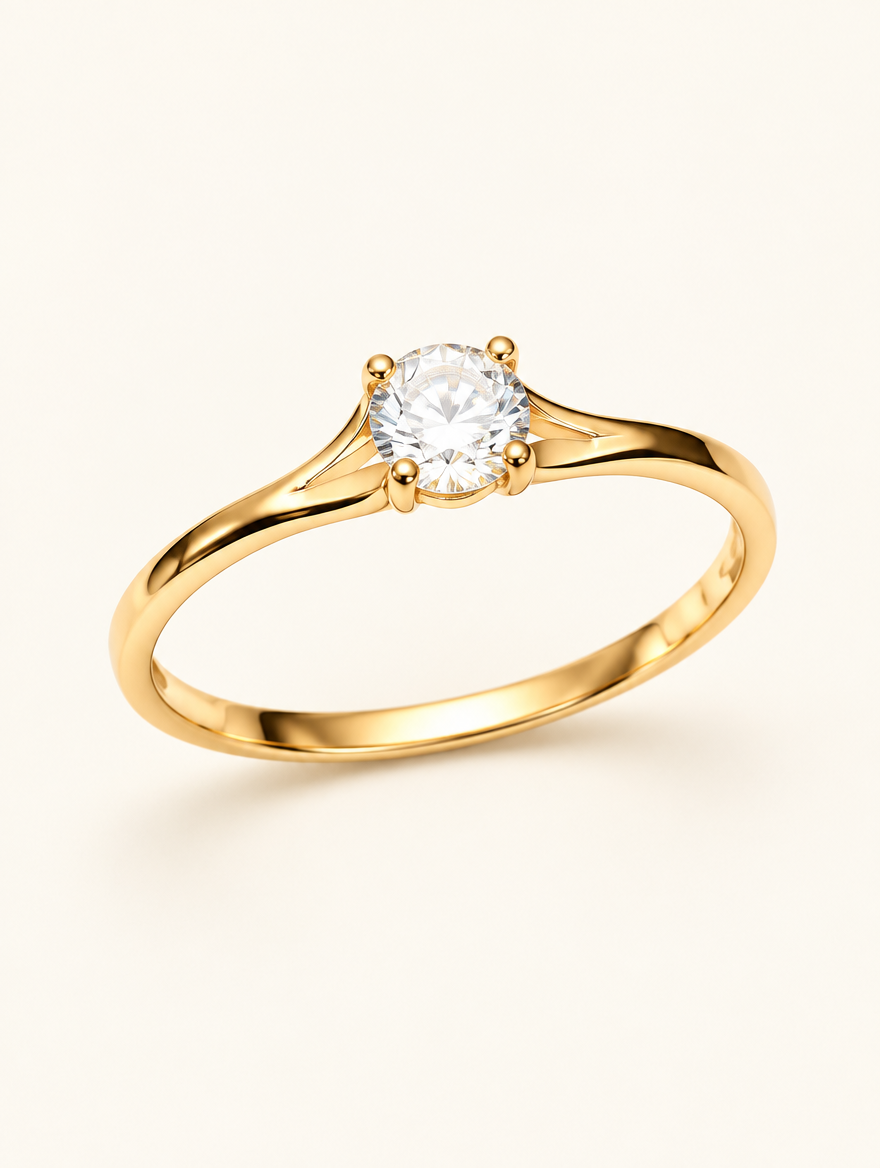 Gold solitaire zirconia ring on a neutral background