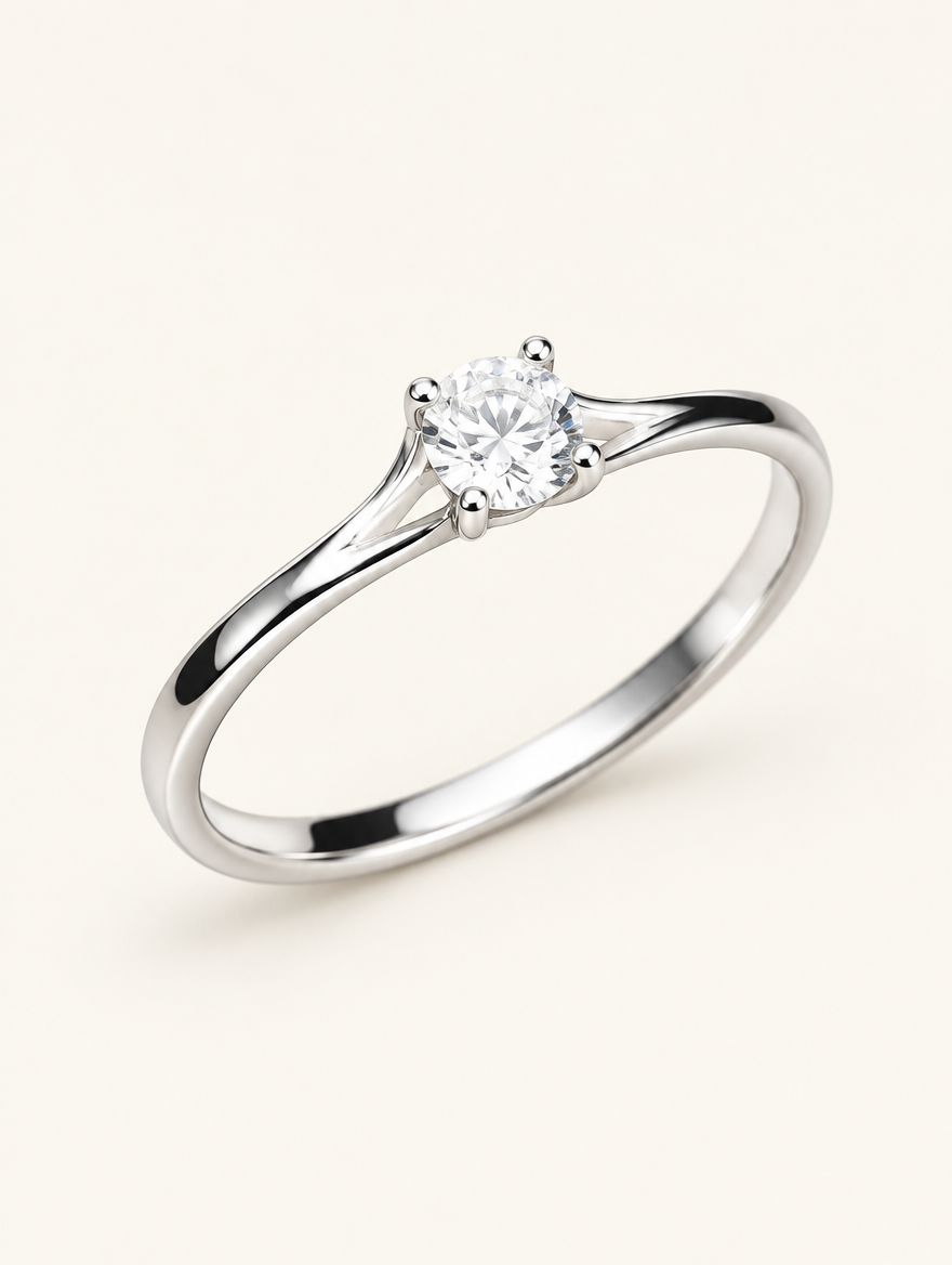 Silver solitaire zirconia ring on a neutral background