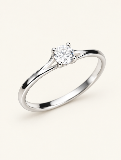 Silver solitaire zirconia ring on a neutral background