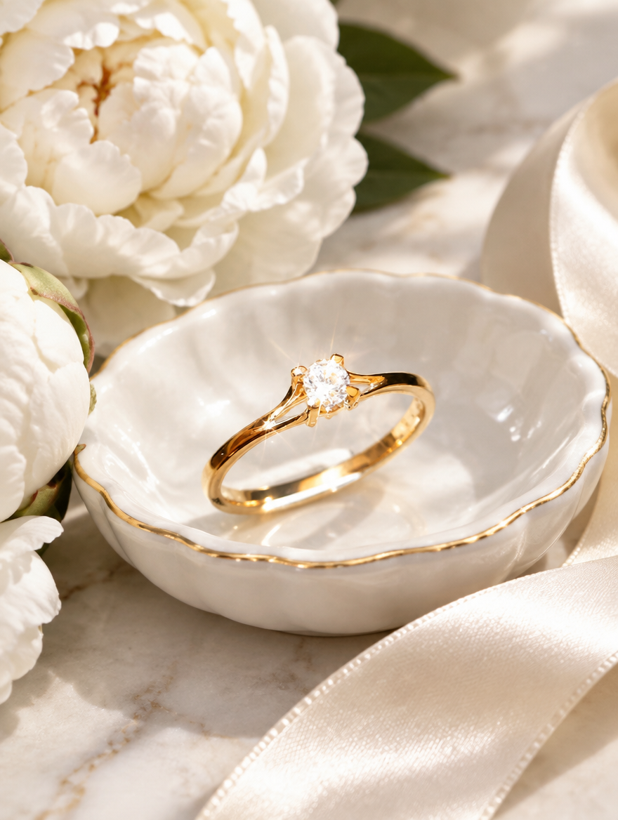 Gold solitaire zirconia ring in a small dish with styling props