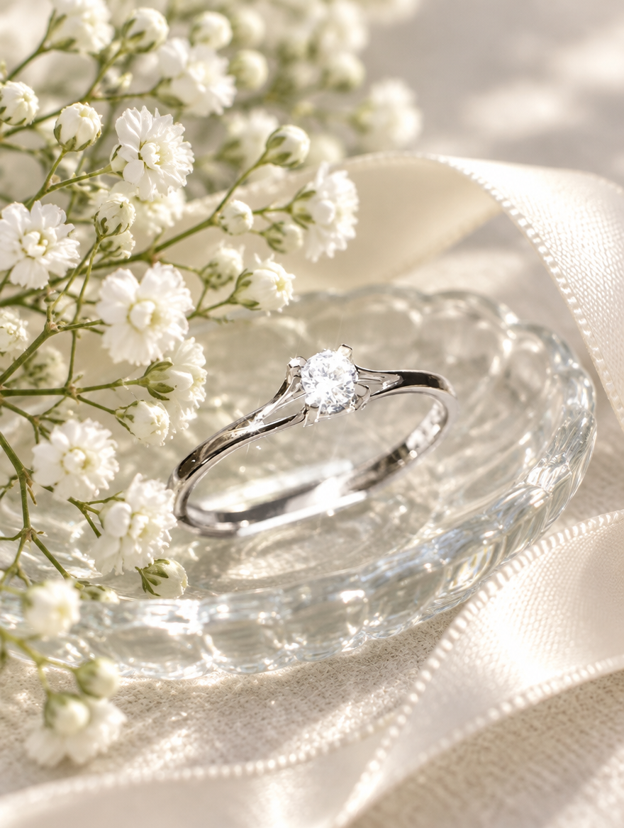 Silver solitaire zirconia ring in a small dish with styling props