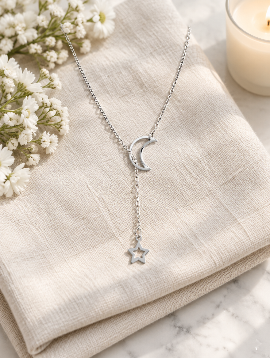 Silver lariat necklace with moon and star on folded linen beside white flowers
