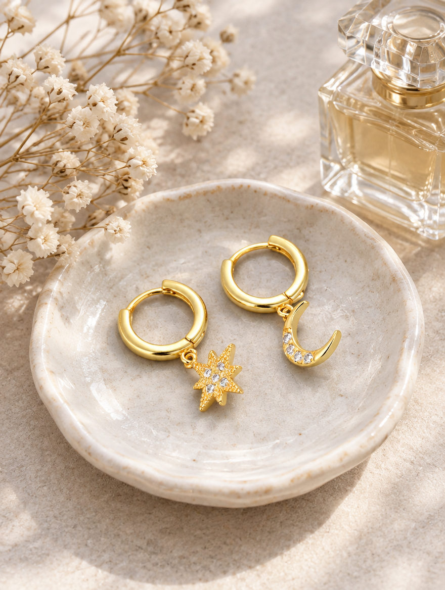 Gold star and moon cz huggie hoops in a styled still life with props