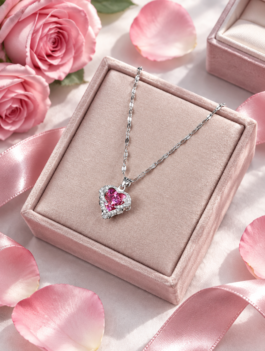 Pink heart pendant necklace in a ring box with rose petals and satin ribbon