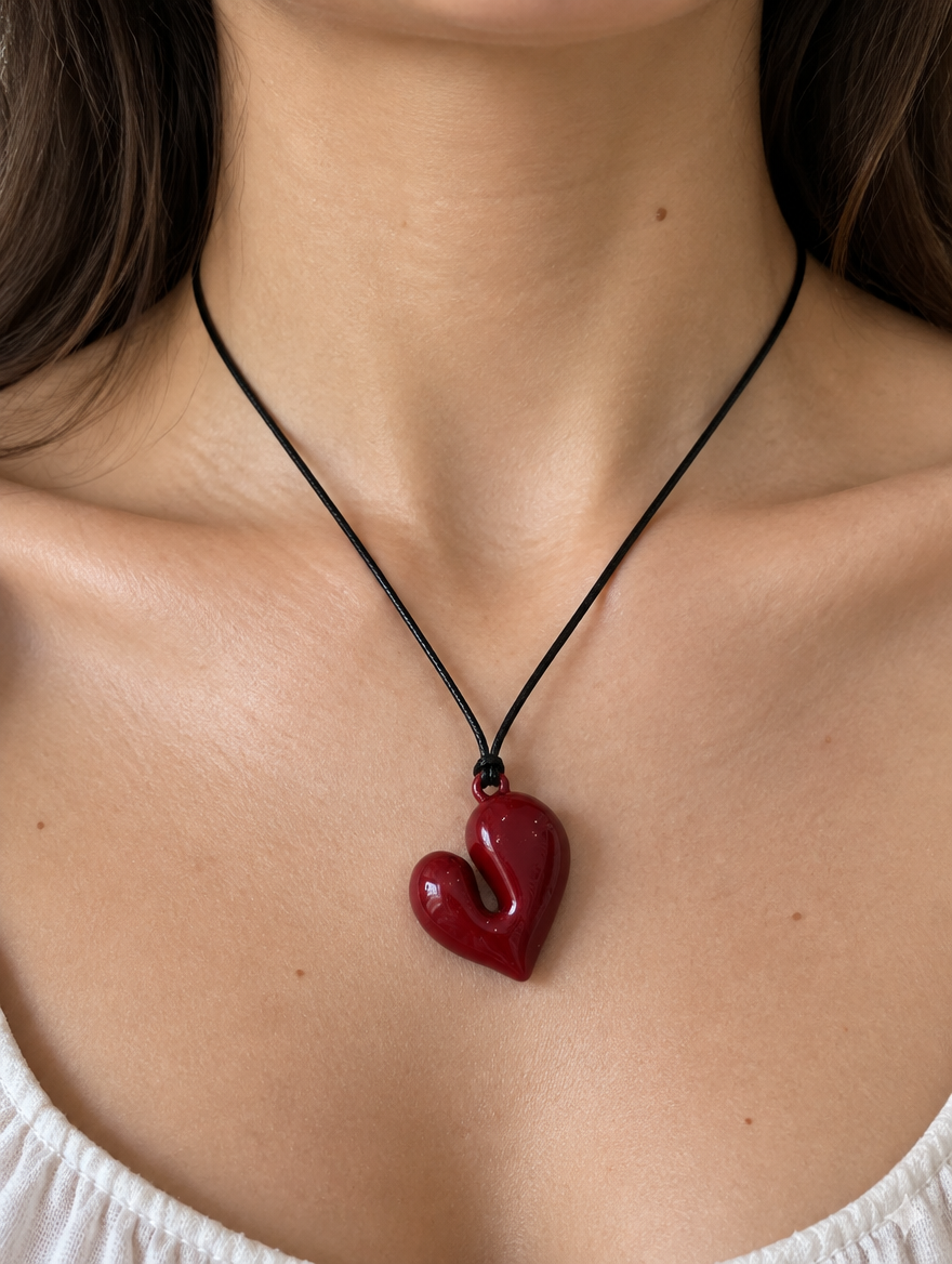 Woman wearing a black cord necklace with a glossy red heart pendant