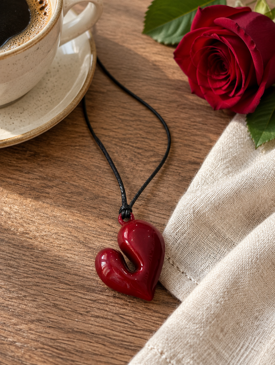 Red heart cord necklace beside a coffee cup and a red rose on a wooden table