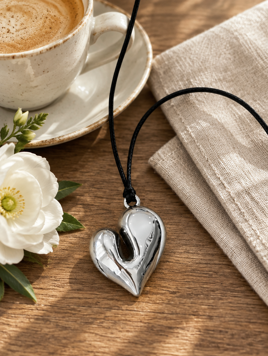 Silver heart cord necklace beside a coffee cup and a white flower on a wooden table