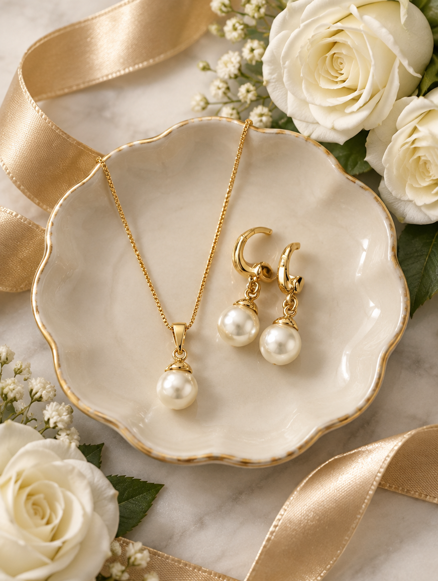 Gold pearl necklace and earrings on a ceramic dish with white roses