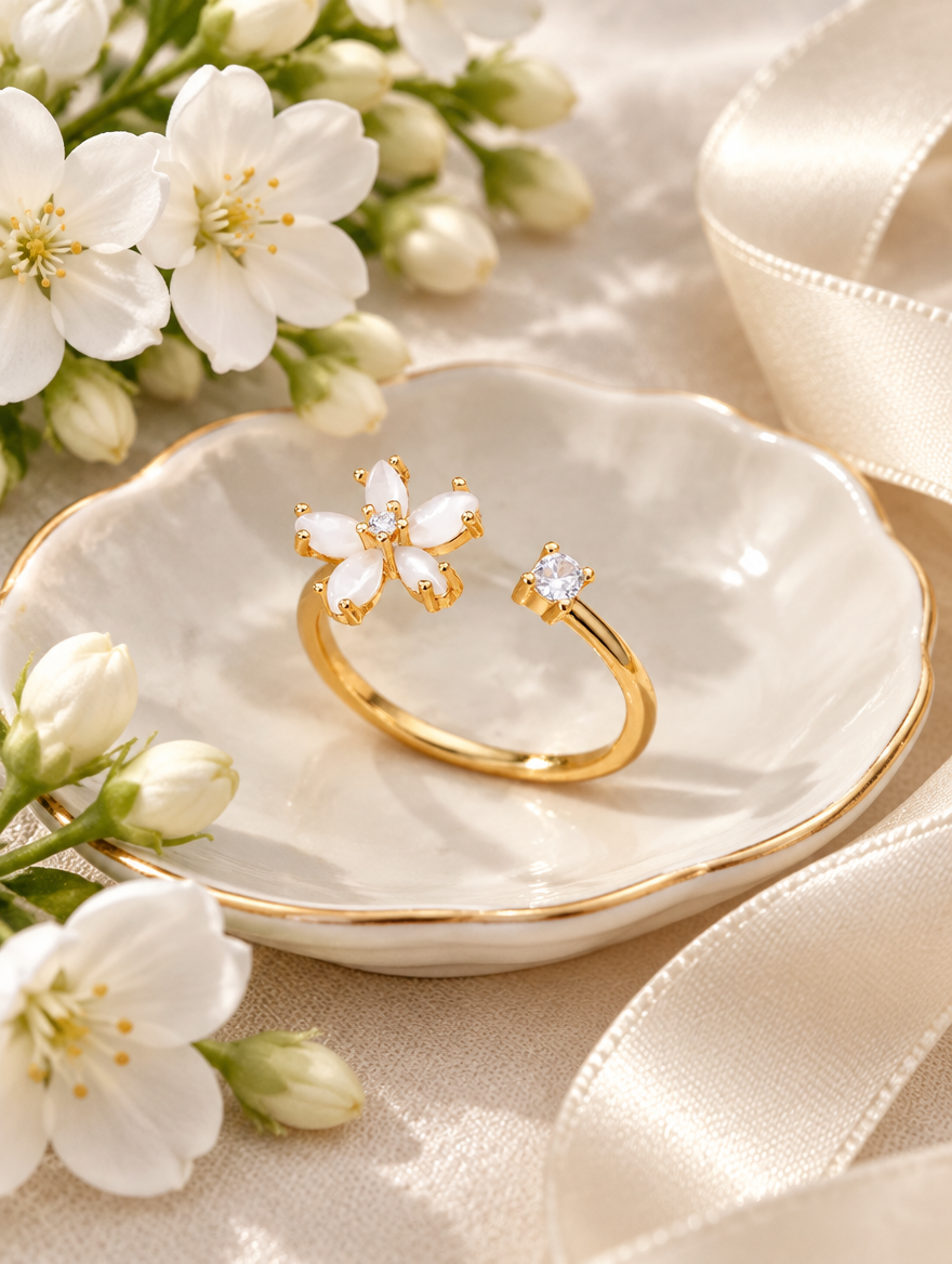 Gold flower zirconia ring in a small dish with styling props