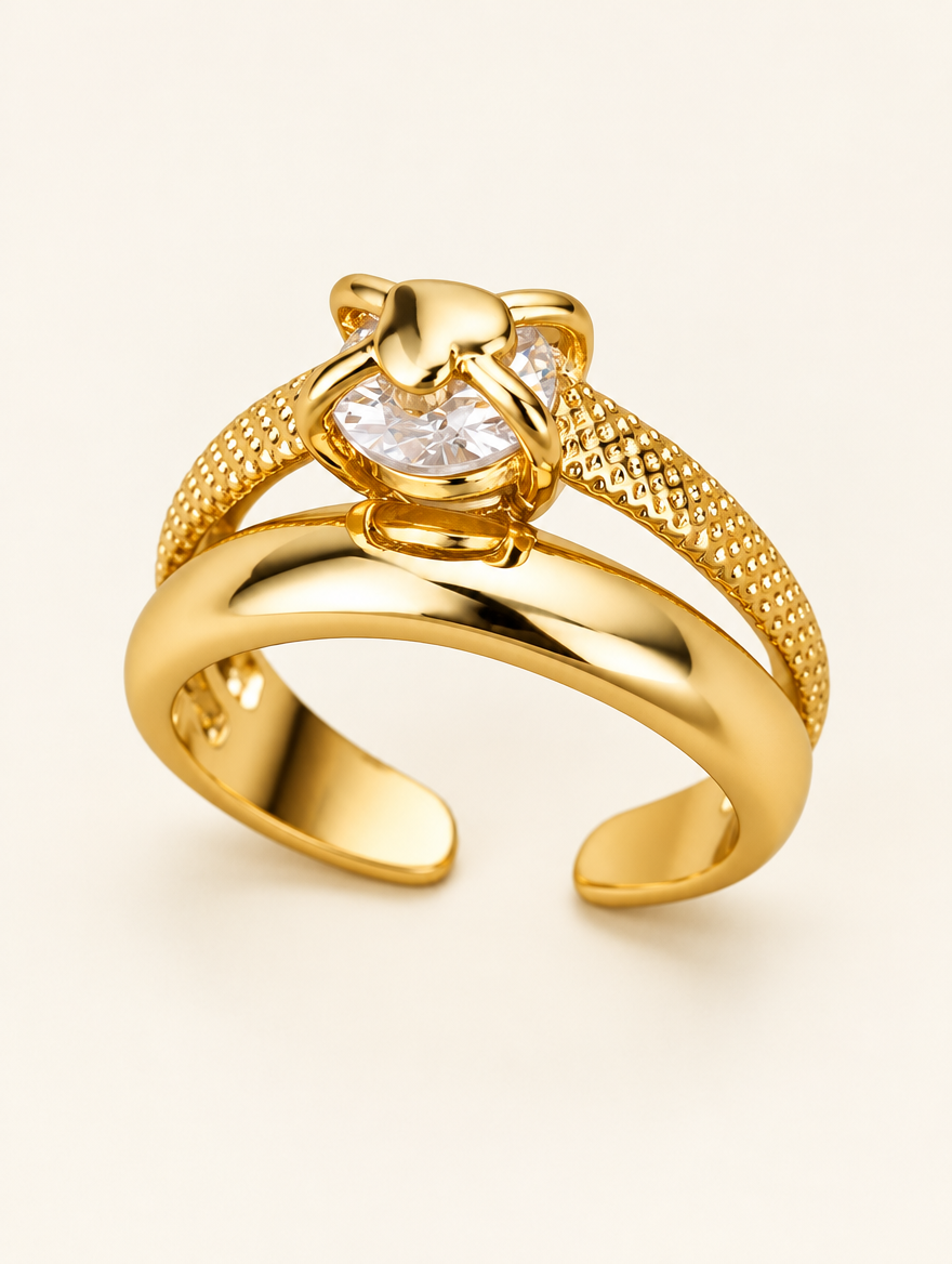 Gold double band zirconia ring on a neutral background