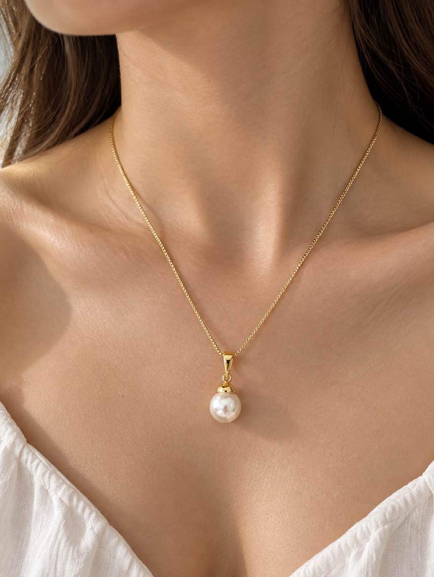 Woman wearing a gold pearl pendant necklace