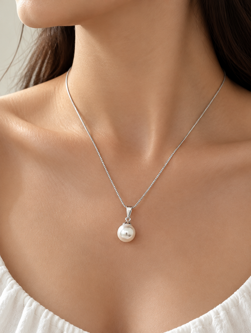Woman wearing a silver pearl pendant necklace